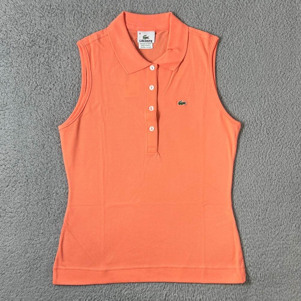 Lacoste Sleeveless Polo Women US Size M (EU/8)‎ Orange Micro Pique Stretch Top